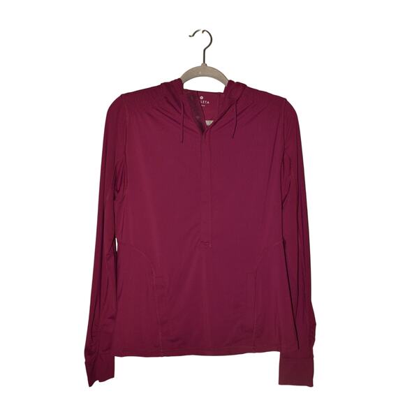 ATHLETA $109 Moisture Wicking Snap Placket Hooded Pullover‎ Deep Magenta Medium - Picture 1 of 4